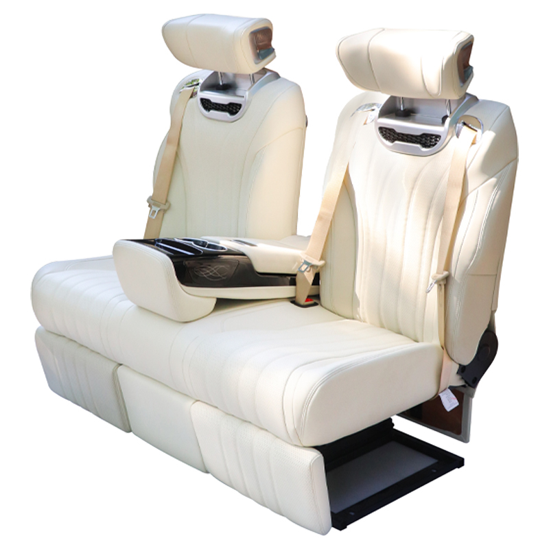 El asiento trasero del asiento de aviación de doble asiento del vehículo comercial se puede aplanar cuando el asiento del monovolumen de la cama está ventilado con un gabinete oculto con cinturón calefactable