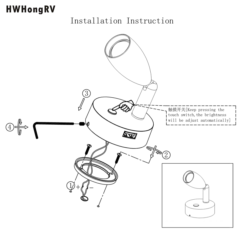 HWHongRV Lámpara de lectura RV LED Luz de noche Barco Camper Remolque Autocaravana Foco interior 2W Interruptor blanco cálido 10-30V Montaje en superficie