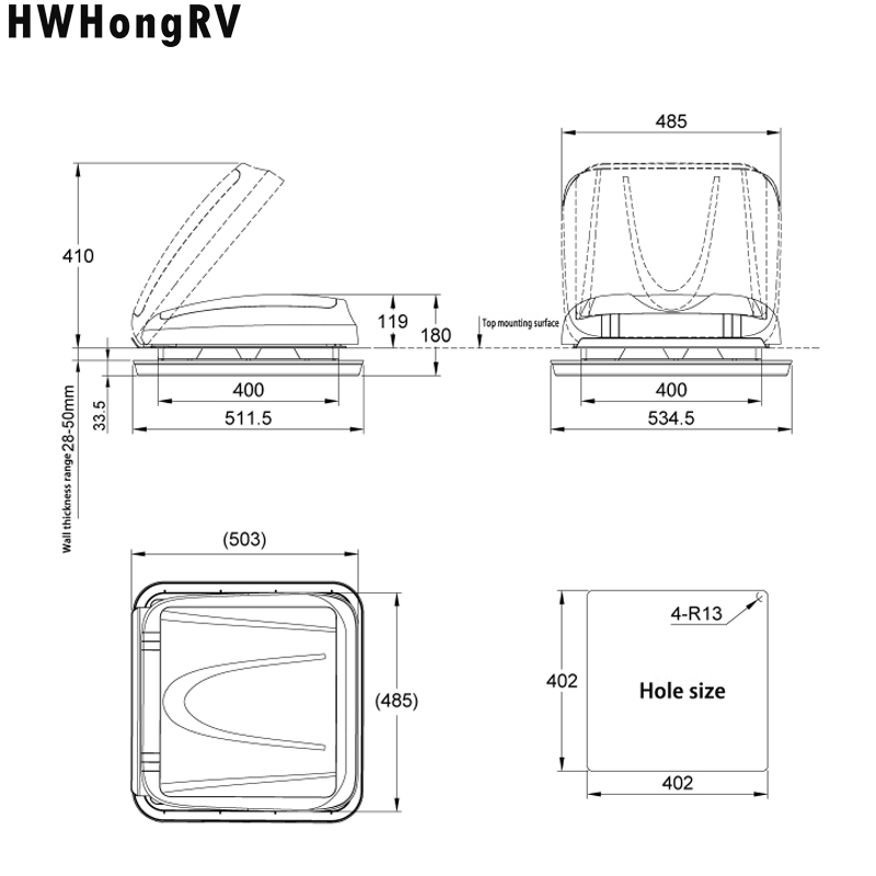Ventana de techo para vehículos recreativos 