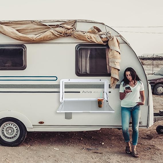 Mesas plegables para vehículos recreativos, mesa montada en la pared para picnic exterior de autocaravana de 31,5 x 17,7 pulgadas, mesa de pared plegable de aleación de aluminio de primera calidad, kit de mesa de pared con cerradura para autocaravanas y autocaravanas